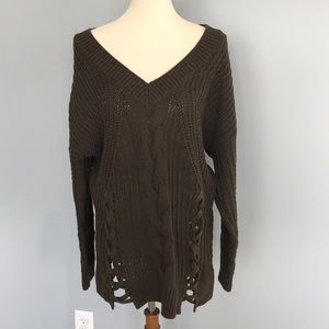 Army green chunky knit lace up tunic sweater